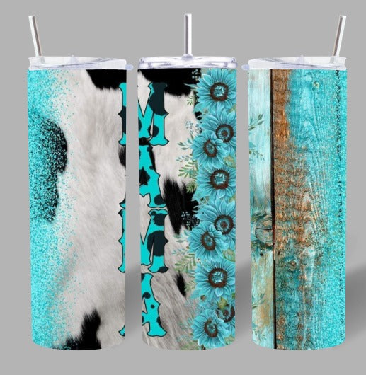 Teal Cowhide “MAMA” 20oz Tumbler – Rustic & Trendy 💙✨