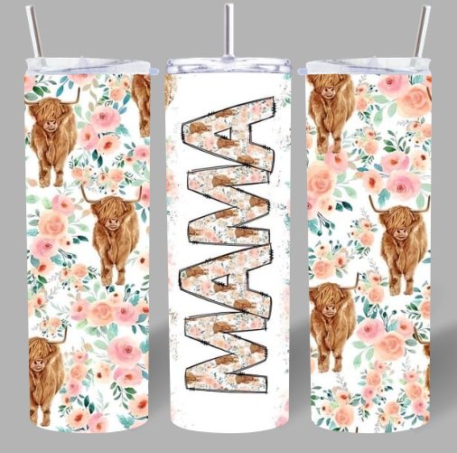 Highland Cow Floral “MAMA” 20oz Tumbler – Cute & Rustic 🌸🐄