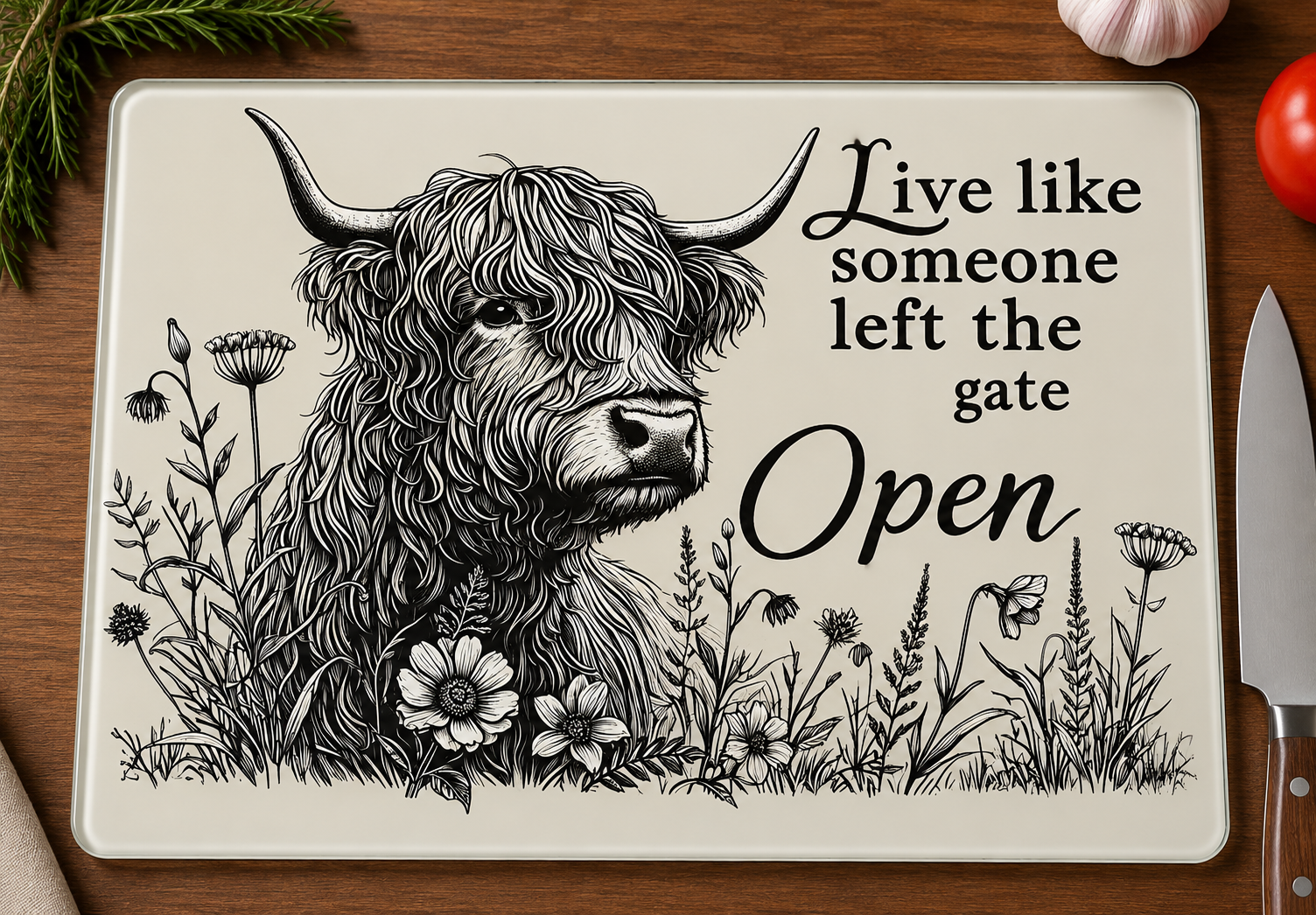 Live Like Someone Left the Gate Open Tempered Glass Cutting Board