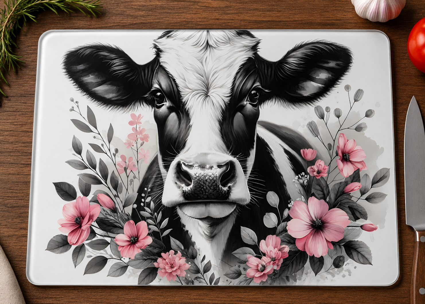 Floral Cow Glass Cutting Board