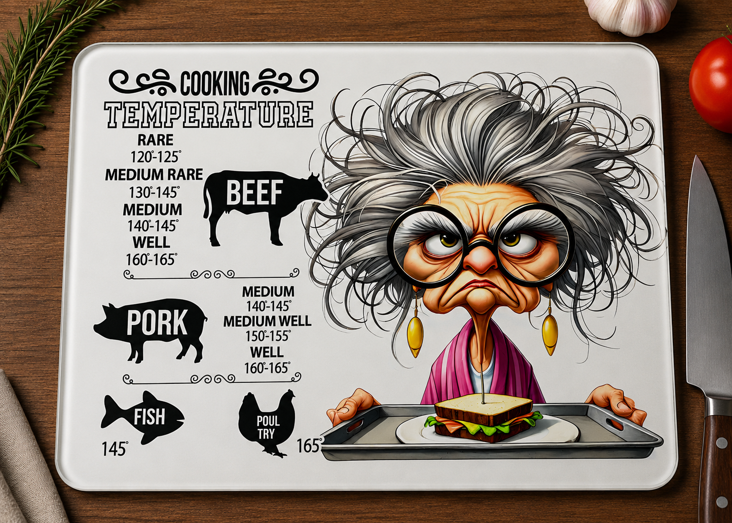 Funny Cooking Temperature Guide Glass Cutting Board