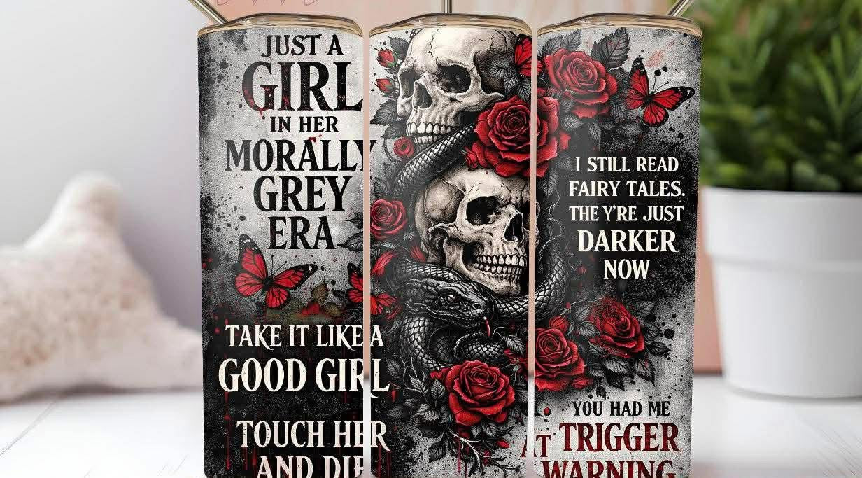 “Morally Grey Era” Gothic Skull Tumbler 🖤🌹
