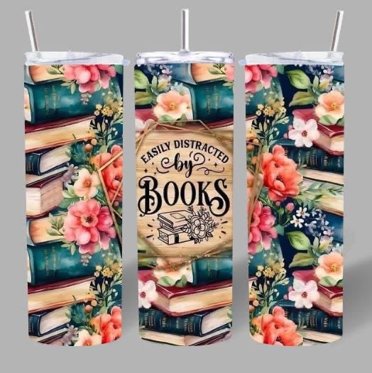 “Easily Distracted by Books” Floral Tumbler 📚🌸