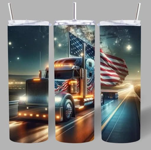 Patriotic Night Drive Semi Truck Tumbler 🇺🇸🌙🚛