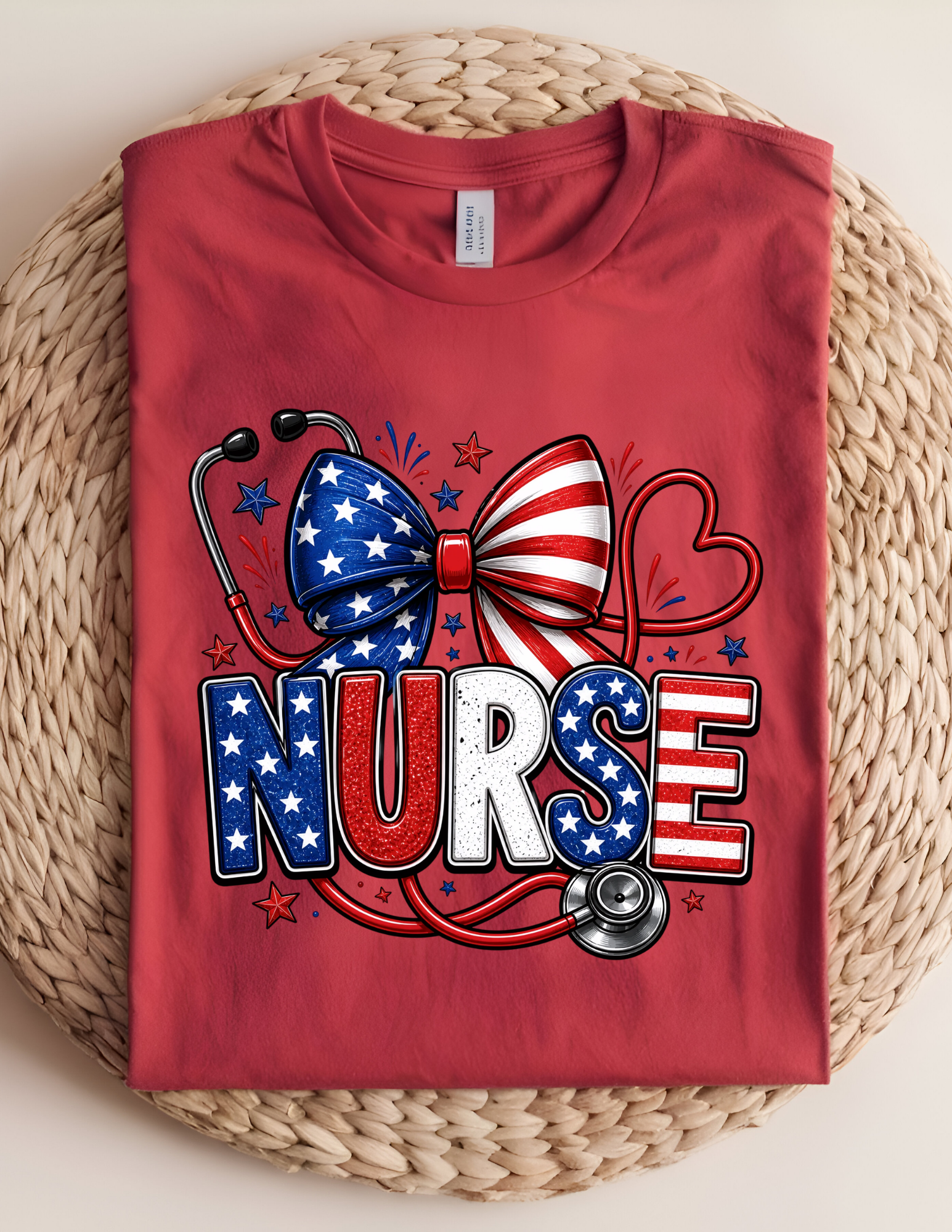 Patriotic Nurse Bow Tee – Red, White & Blue Stethoscope Shirt