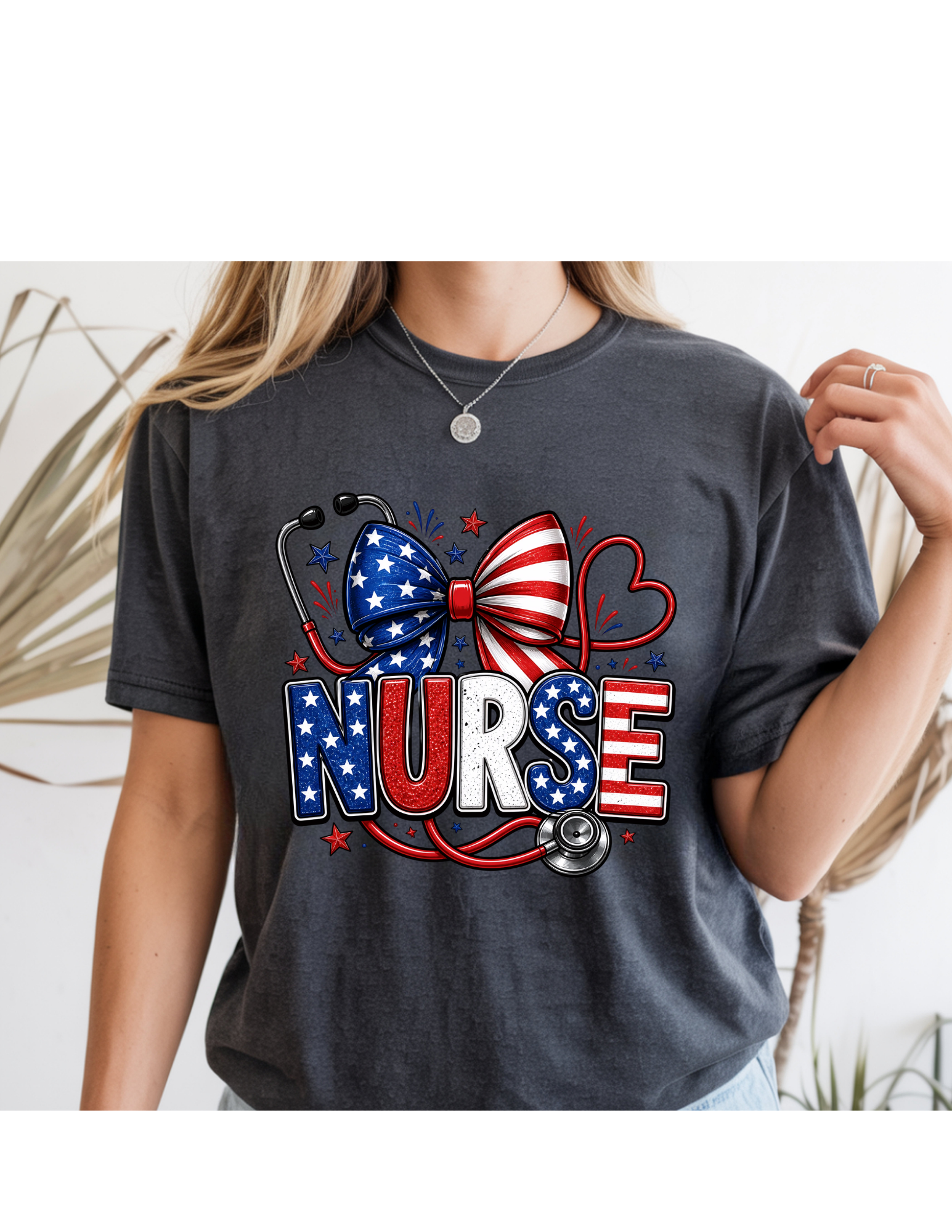 Patriotic Nurse Bow Tee – Red, White & Blue Stethoscope Shirt