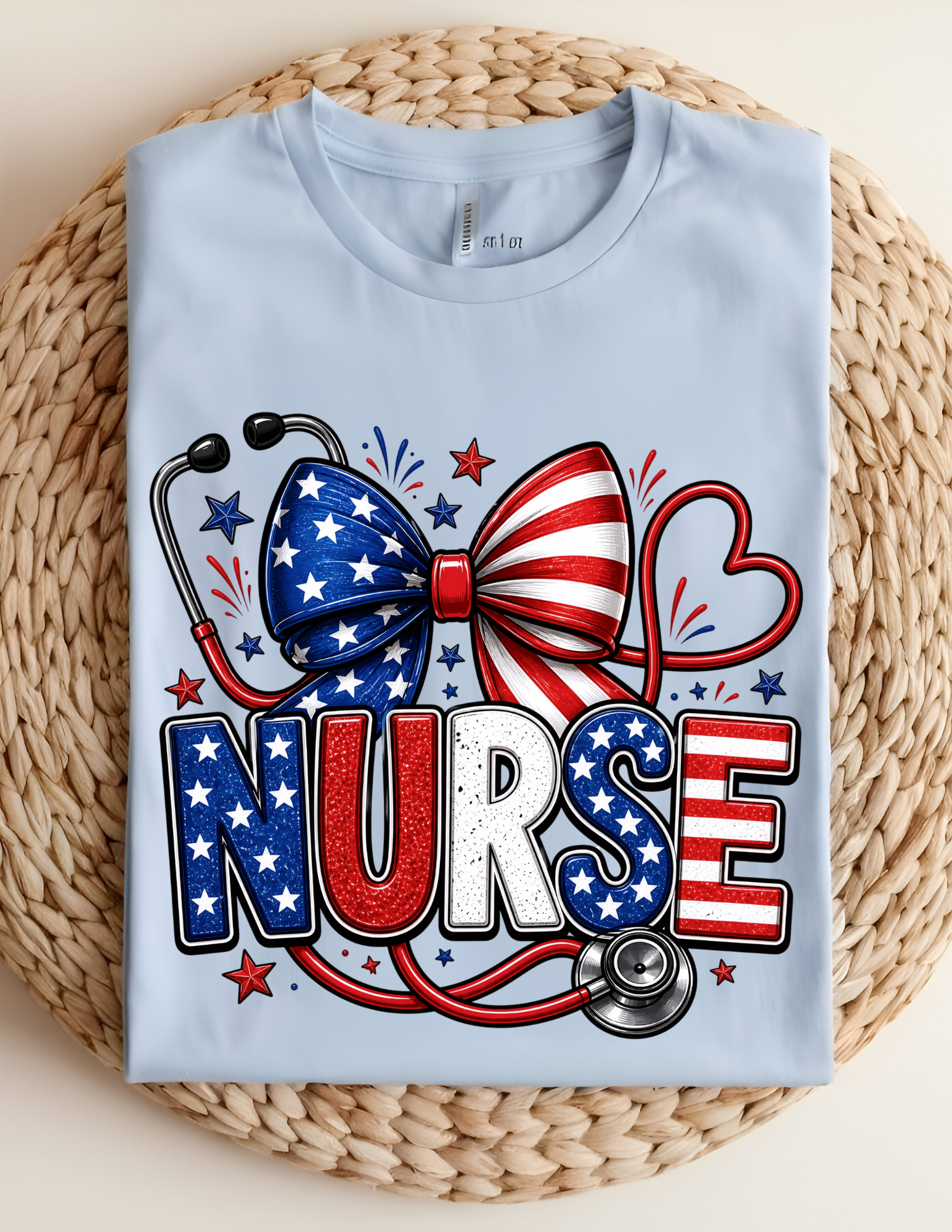 Patriotic Nurse Bow Tee – Red, White & Blue Stethoscope Shirt