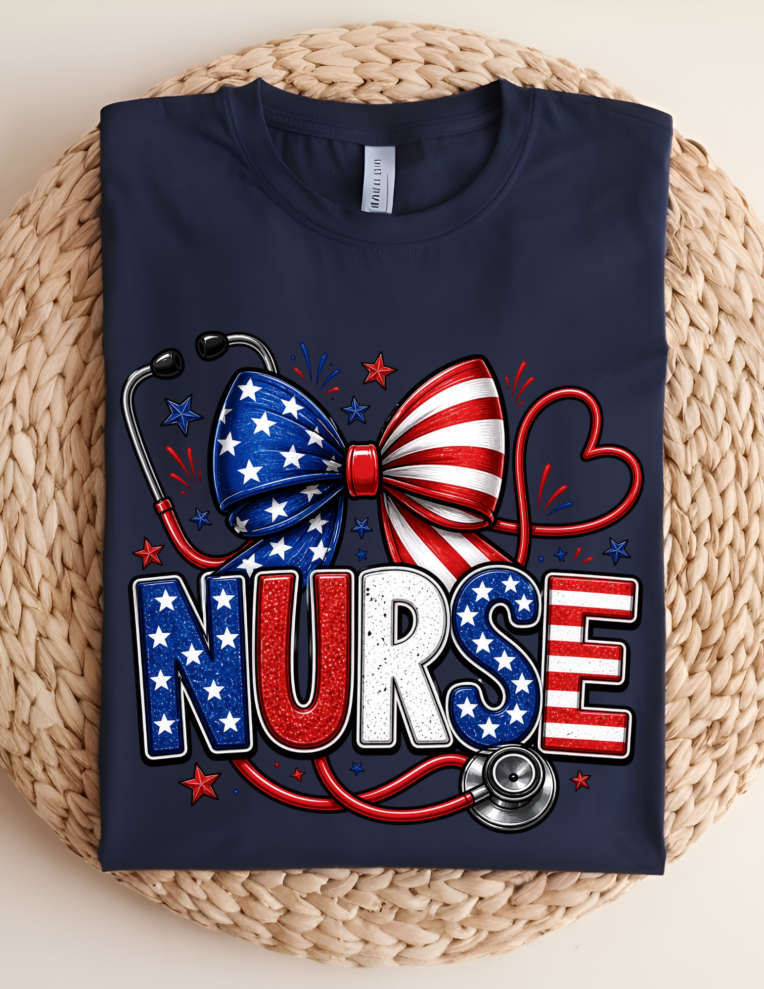 Patriotic Nurse Bow Tee – Red, White & Blue Stethoscope Shirt