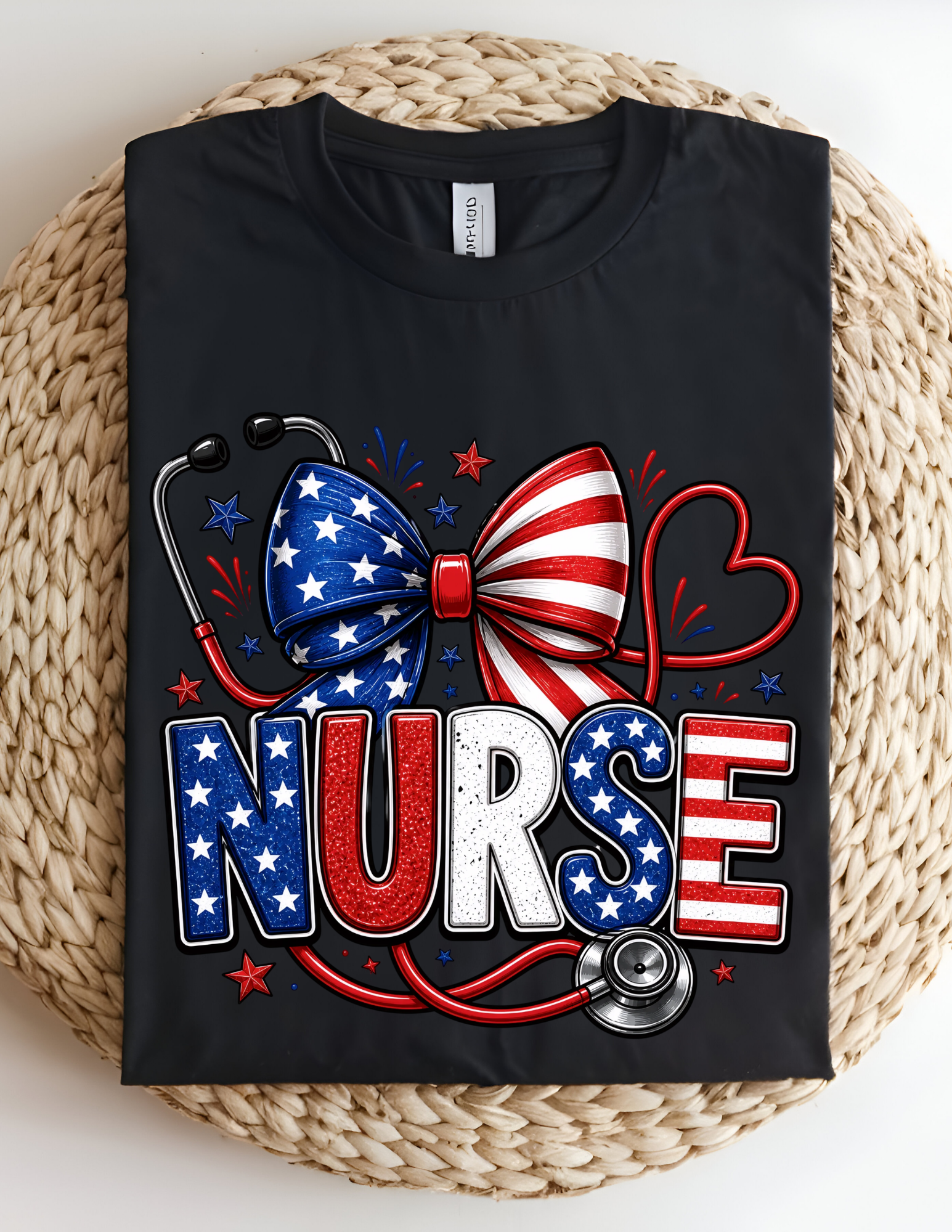 Patriotic Nurse Bow Tee – Red, White & Blue Stethoscope Shirt