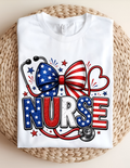 Patriotic Nurse Bow Tee – Red, White & Blue Stethoscope Shirt