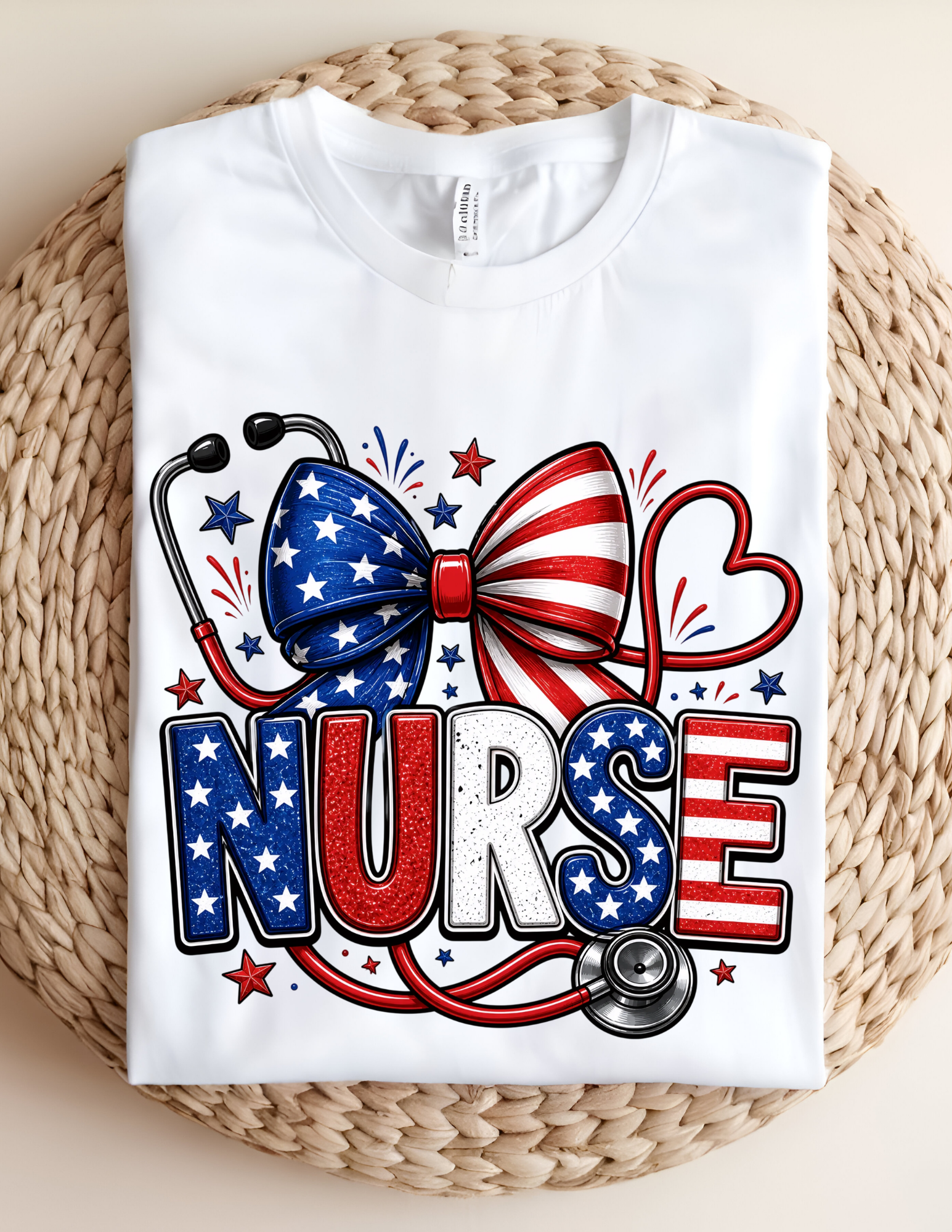Patriotic Nurse Bow Tee – Red, White & Blue Stethoscope Shirt