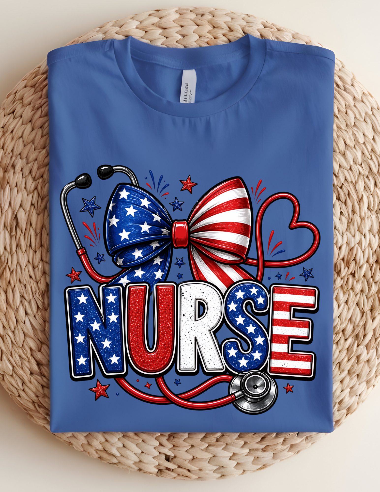 Patriotic Nurse Bow Tee – Red, White & Blue Stethoscope Shirt