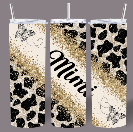 Cow Print Glitter Mimi 20oz Skinny Tumbler