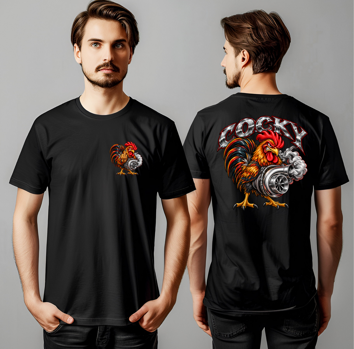 Cocky Turbo Rooster Front & Back Graphic Tee