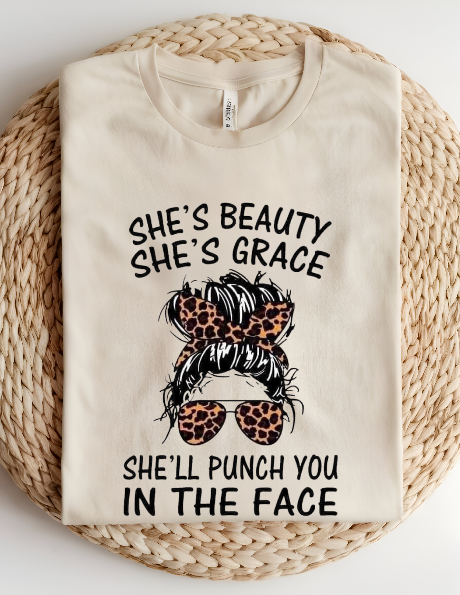 “She’s Beauty, She’s Grace” Leopard Bow Funny Graphic Tee