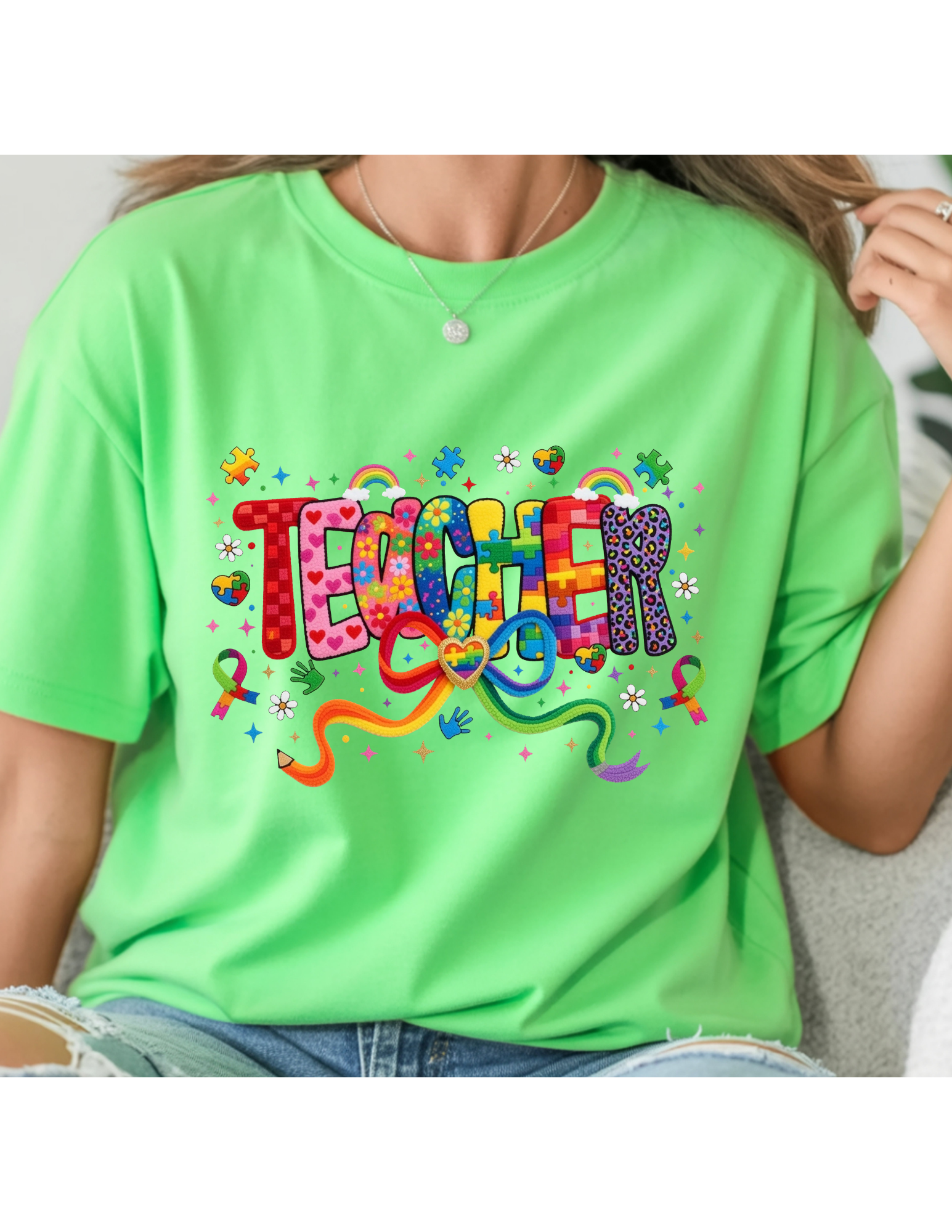 Autism Teacher Rainbow Support Graphic Tee
